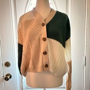 Vintage Blue Rain cropped cotton blend Cream and Green block Button-Up Cardigan